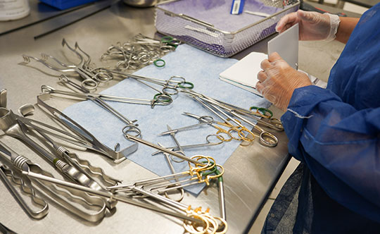 SPD personnel arranging surgical tools to be processed