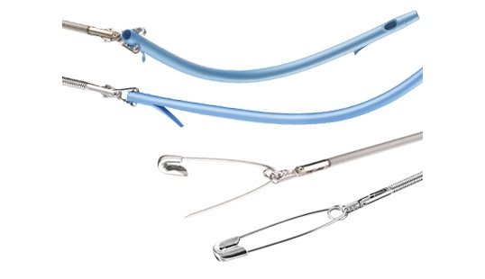 Rat tooth forceps used for endoscopic retrievals, including safety pins.